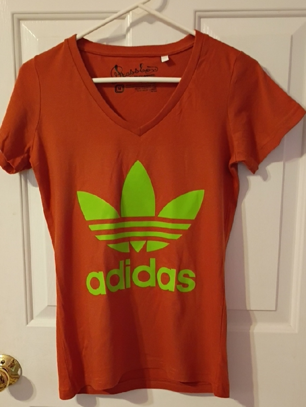 adidas Orange V-Neck Tee with Neon Green Trefoil